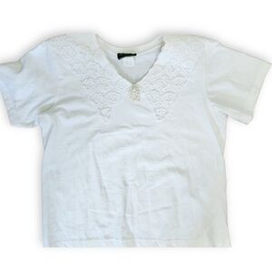 Vintage White Lace Applique Brooch Grannycore Shirt Womens Medium